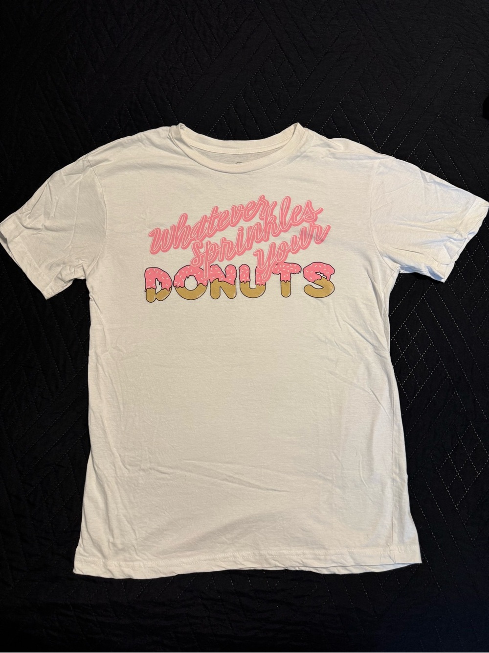 White Short Sleeve Graphic Tee with Pink Script & Yellow Donut Accents